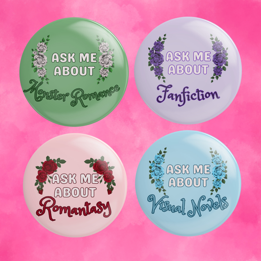 Ask Me About... Trope Book Fiction Large Button Pins